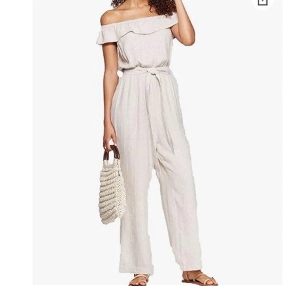 Off the shoulder tan one piece jumpsuit